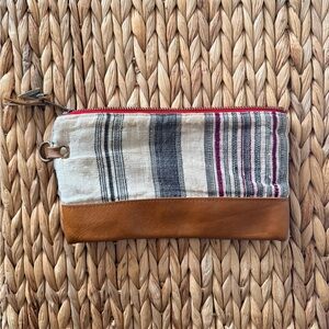Handcrafted Tan Leather & Striped Canvas Wristlet Pouch – Neutral Stripe